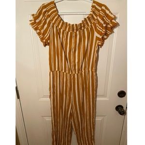 Mustard & Tan Striped, Off the Shoulder Jumpsuit